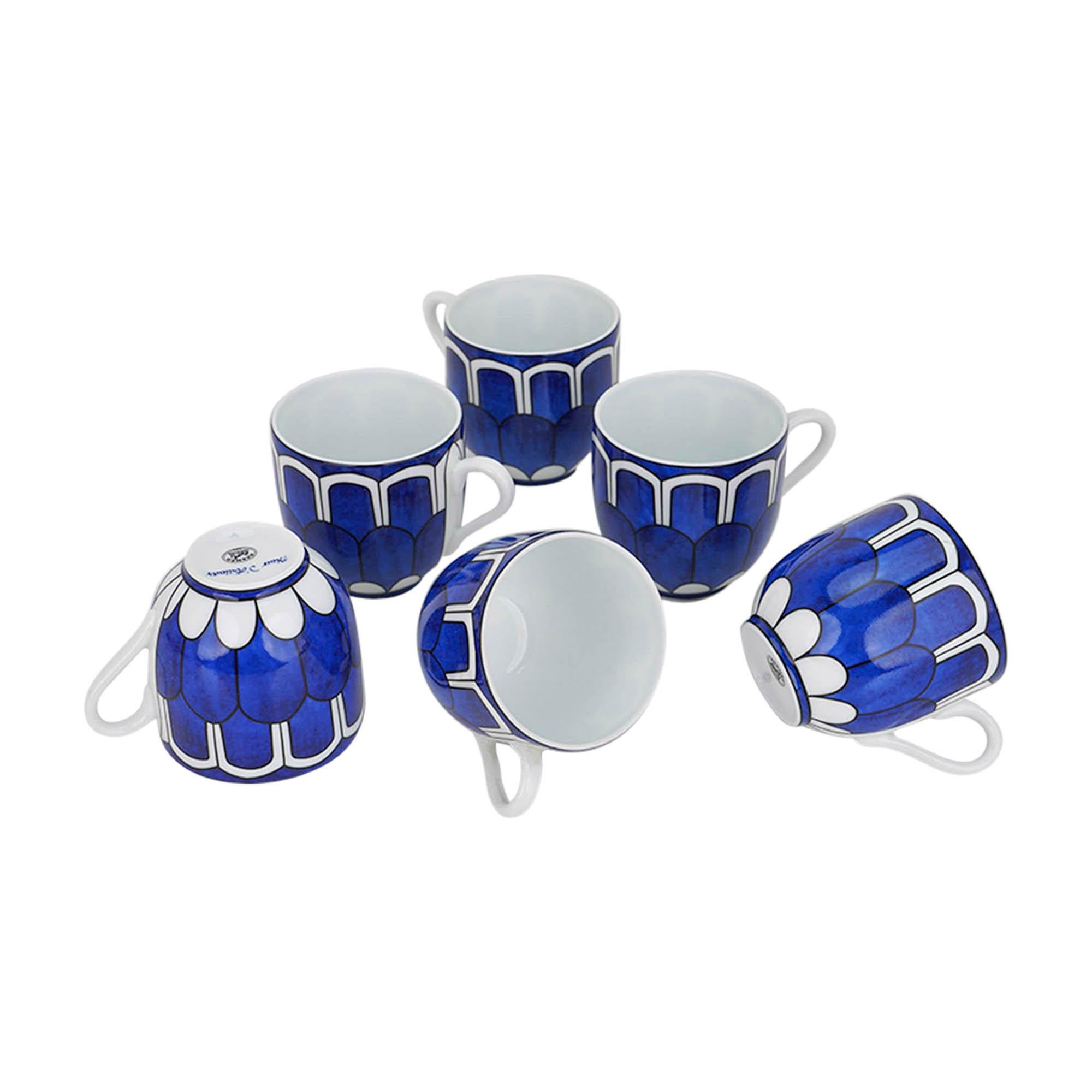 Women's or Men's Hermes Bleus d'Ailleurs Demitasse (Espresso) Cup and Saucer Set of Six