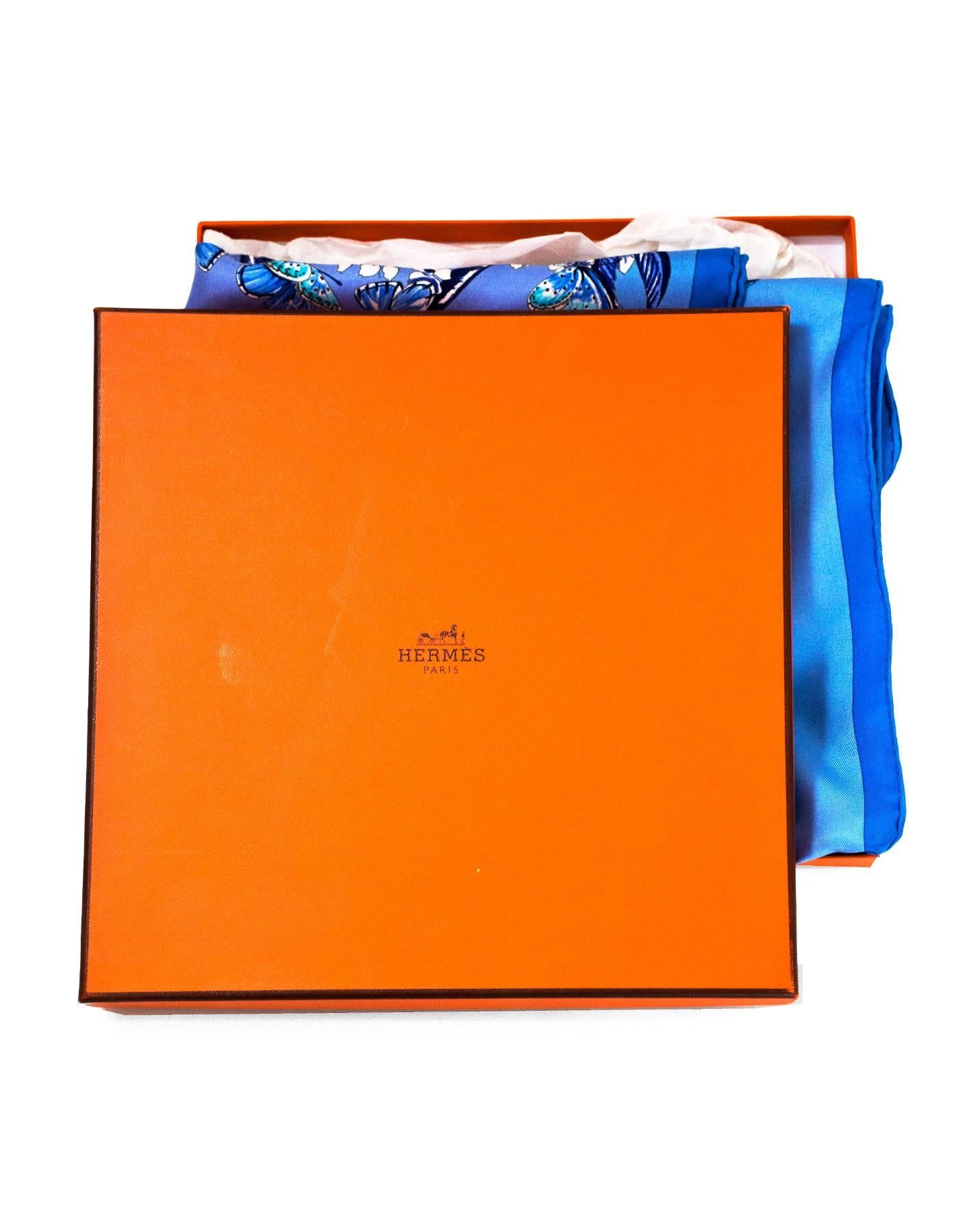 Women's Hermes Blue & White Vol Amoureux des Azures Butterfly 90cm Silk Scarf w. Box