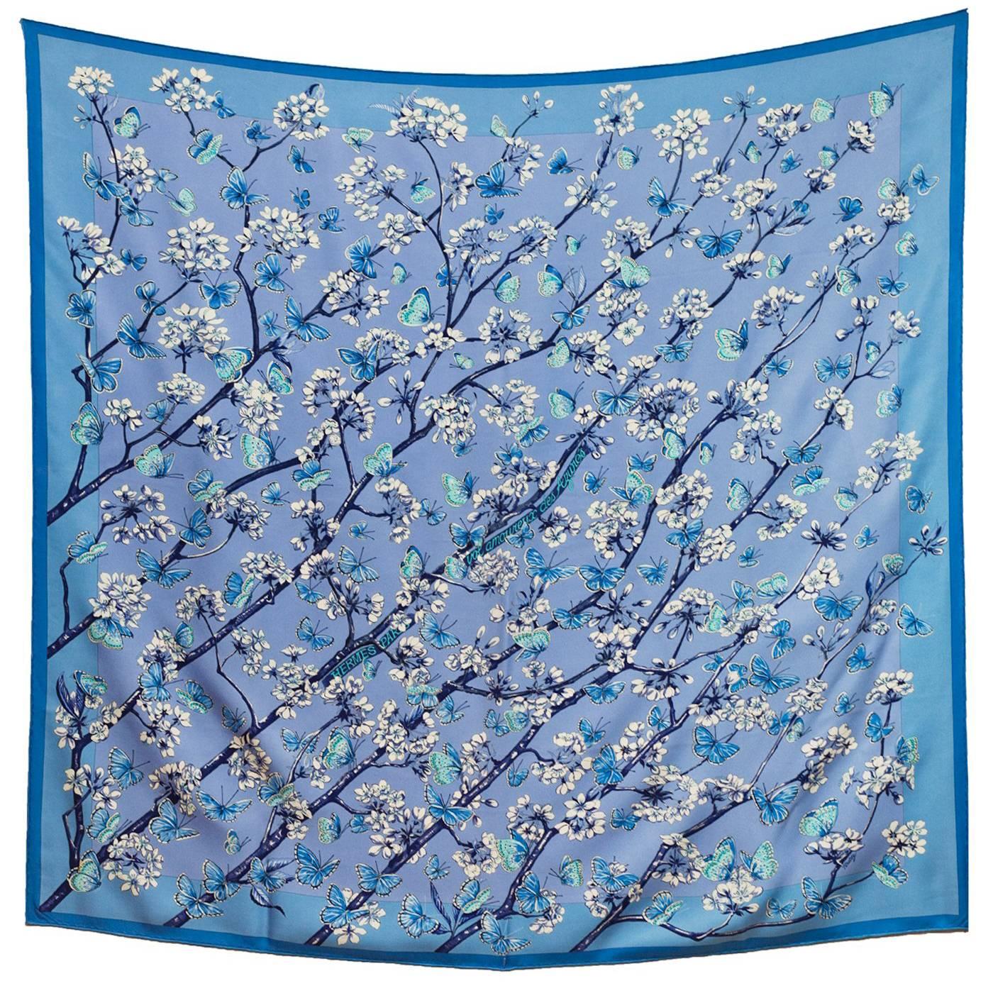 Hermes Blue & White Vol Amoureux des Azures Butterfly 90cm Silk Scarf w. Box