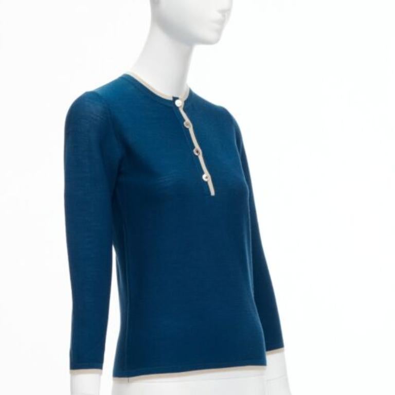 Blue HERMES blue 100% virgin wool H logo buttons knitted polo shirt FR34 XS