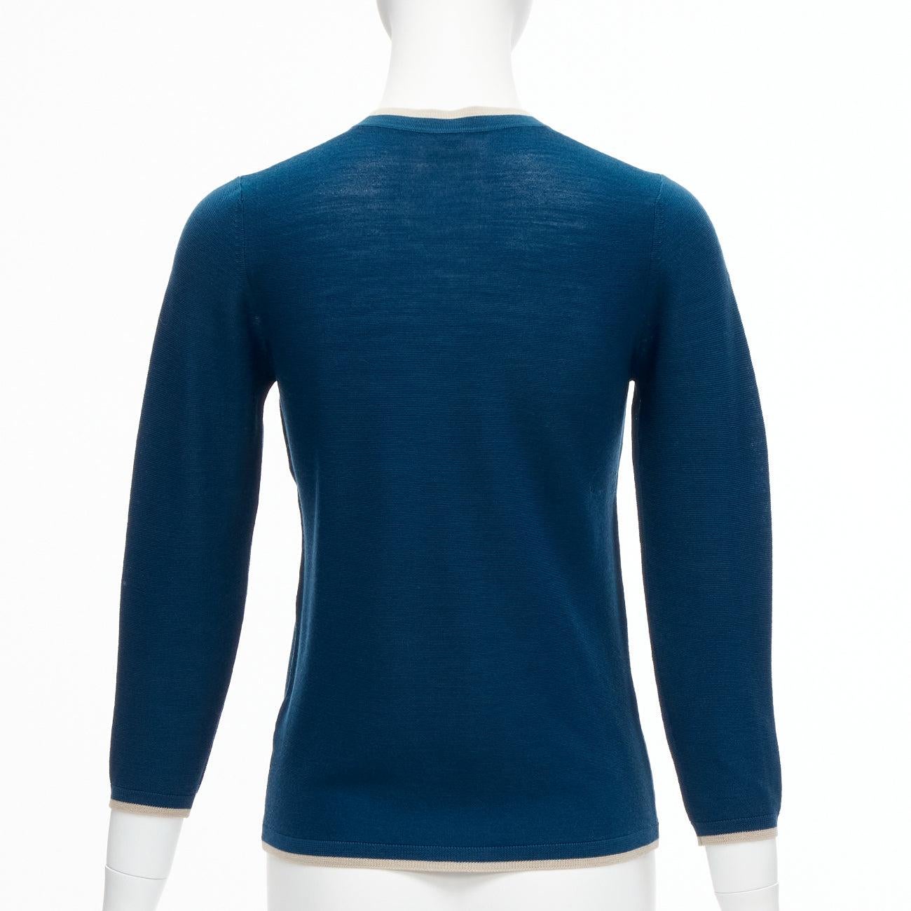 Women's HERMES blue 100% virgin wool H logo buttons knitted polo shirt FR34 XS For Sale