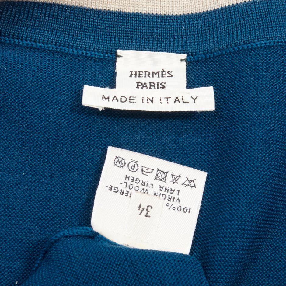 HERMES blue 100% virgin wool H logo buttons knitted polo shirt FR34 XS For Sale 3