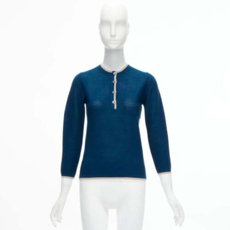 HERMES blue 100% virgin wool H logo buttons knitted polo shirt FR34 XS 4