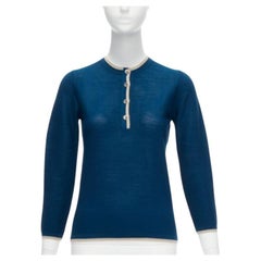 HERMES blue 100% virgin wool H logo buttons knitted polo shirt FR34 XS