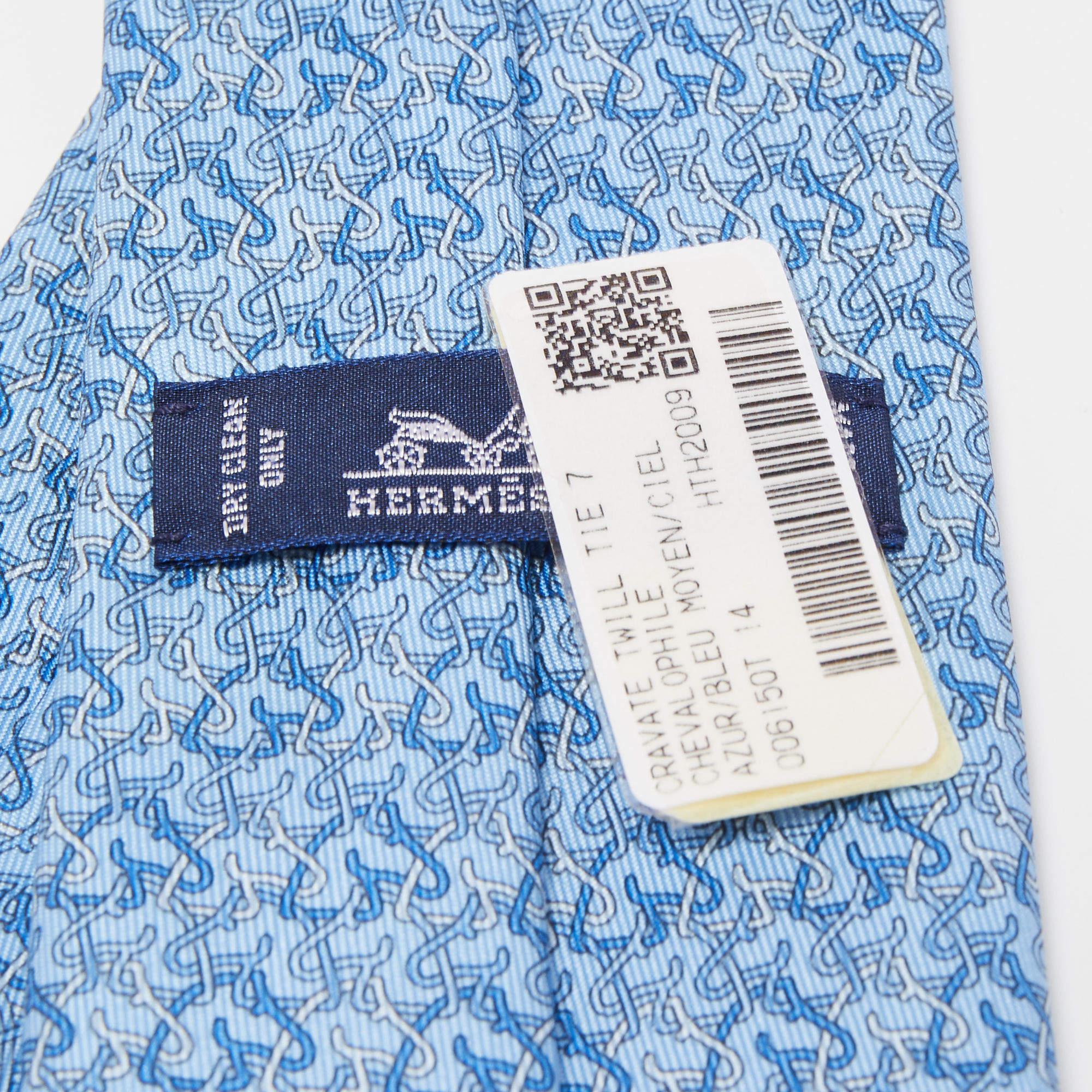 Men's Hermès Blue 7 Chevalophile Printed Silk Slim Tie