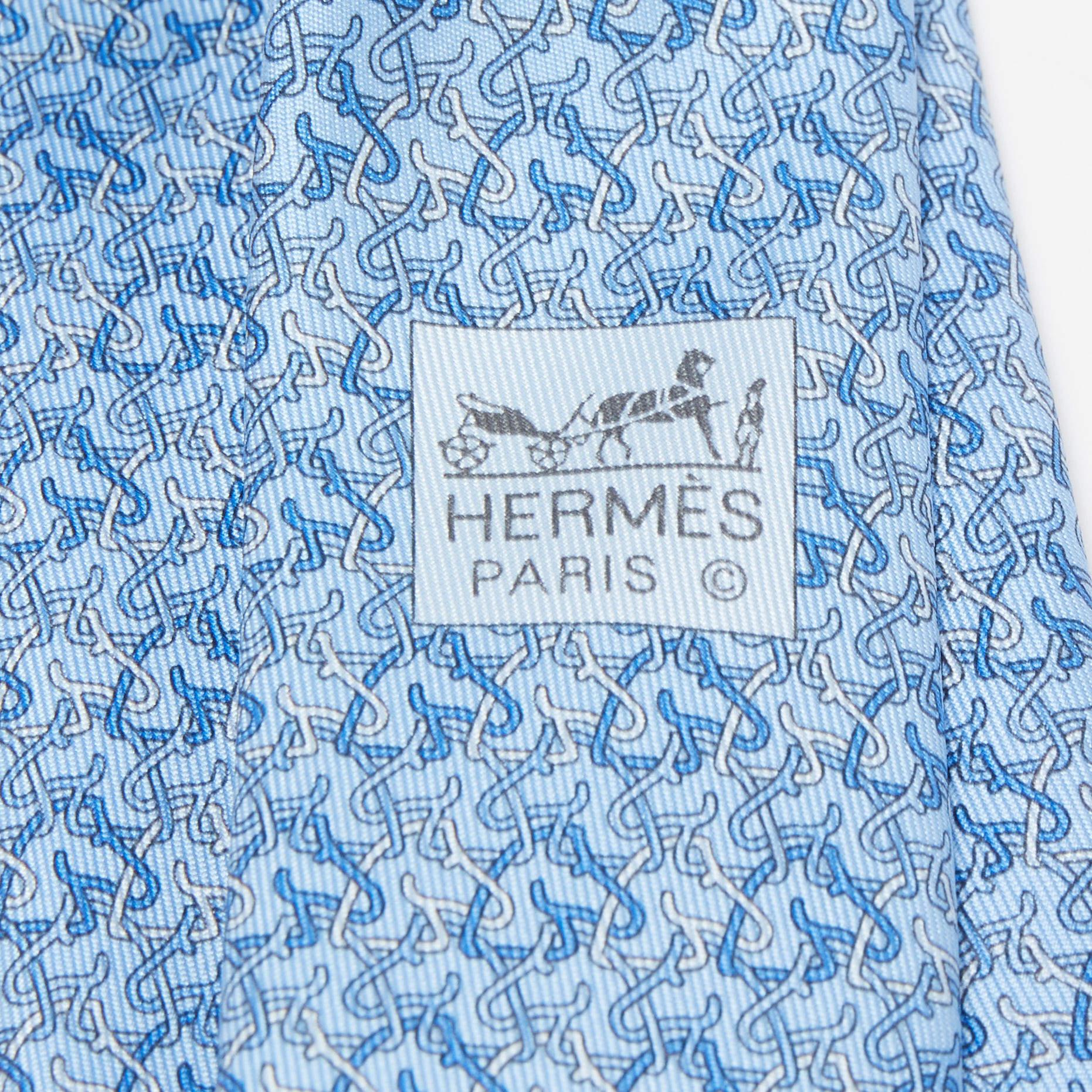 Hermès Blue 7 Chevalophile Printed Silk Slim Tie 1
