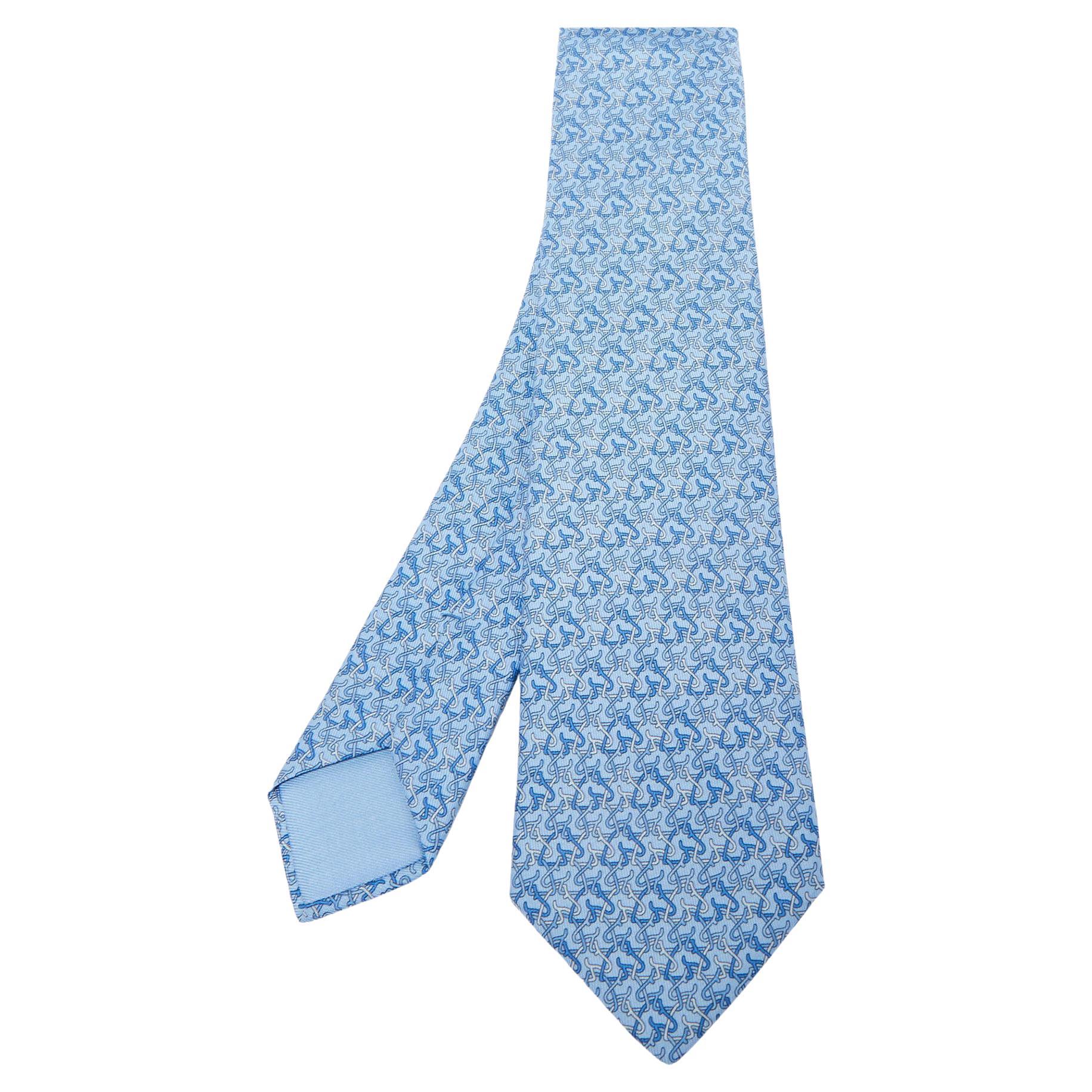 Hermès Blue 7 Chevalophile Printed Silk Slim Tie