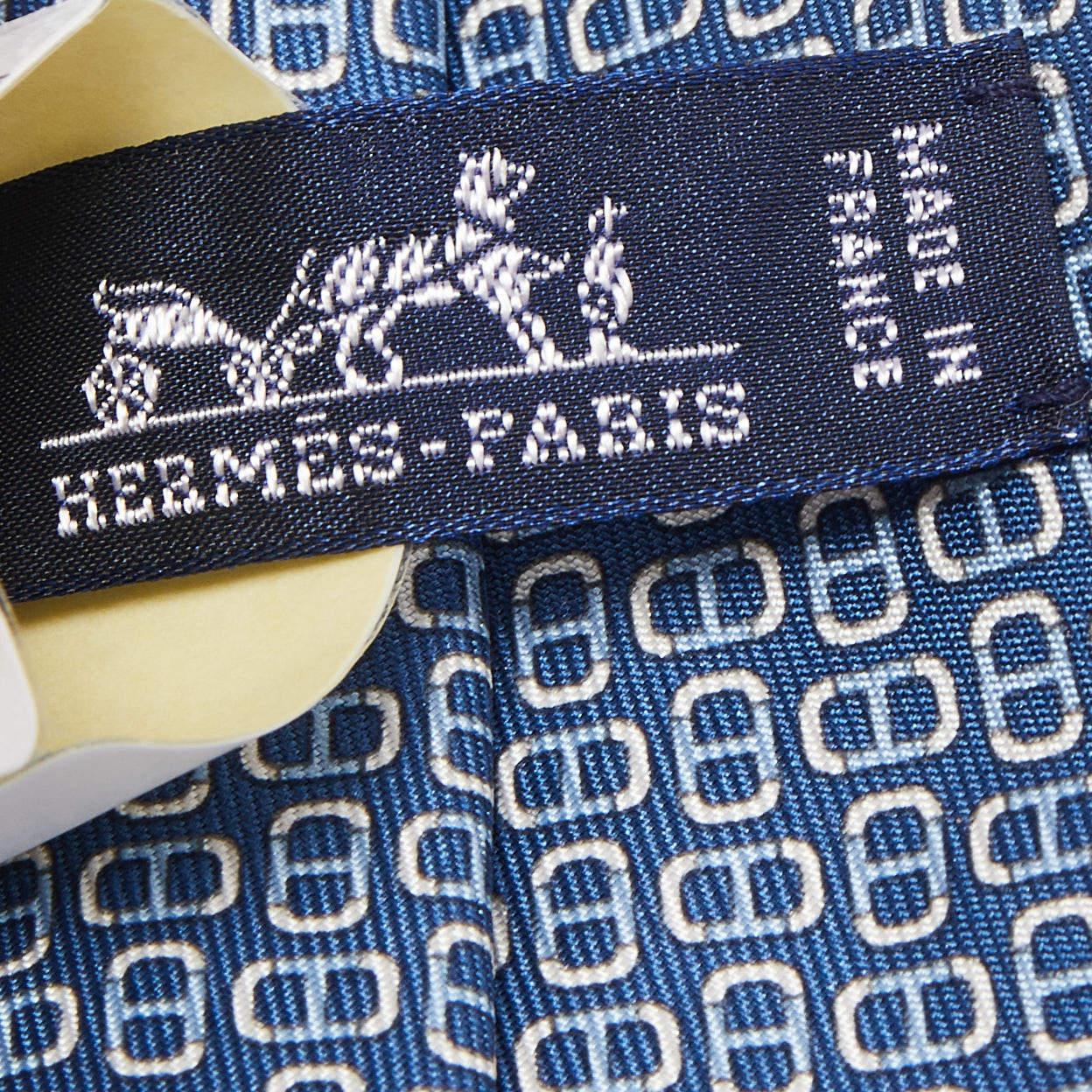 Men's Hermès Blue 7 H Maillon Printed Silk Slim Tie