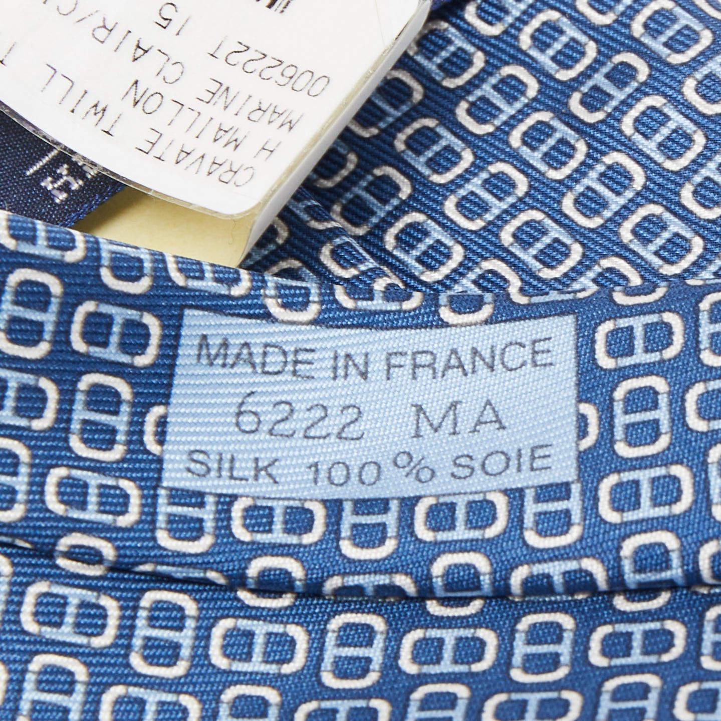 Hermès Blue 7 H Maillon Printed Silk Slim Tie 1