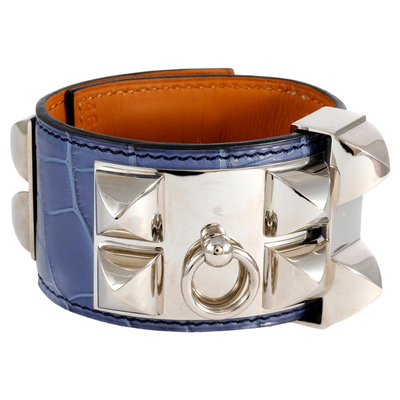 Hermès Alligator Bleu CDC Collier de Chien Bracelet Manchette en vente
