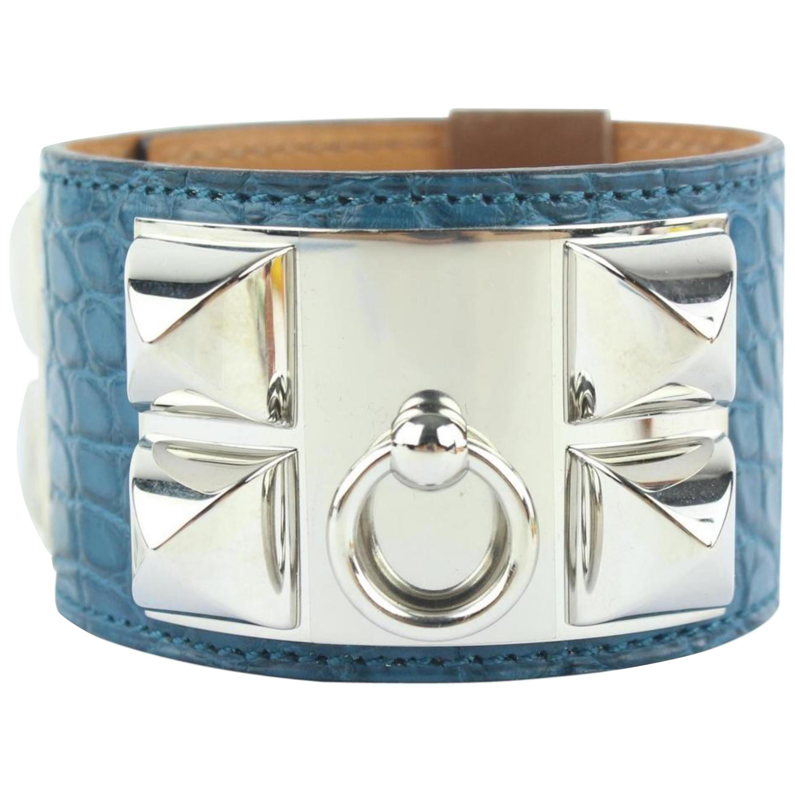 Hermès Blue Alligator Collier De Chien Cdc Cuff 20hz1009 Bracelet For Sale