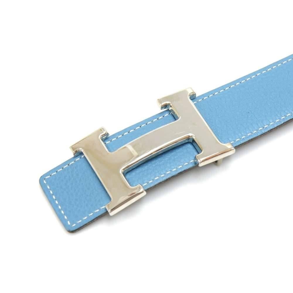 Women's Hermes Blue and Black Reversible Leather Silver Tone H buckle Belt Size 75 