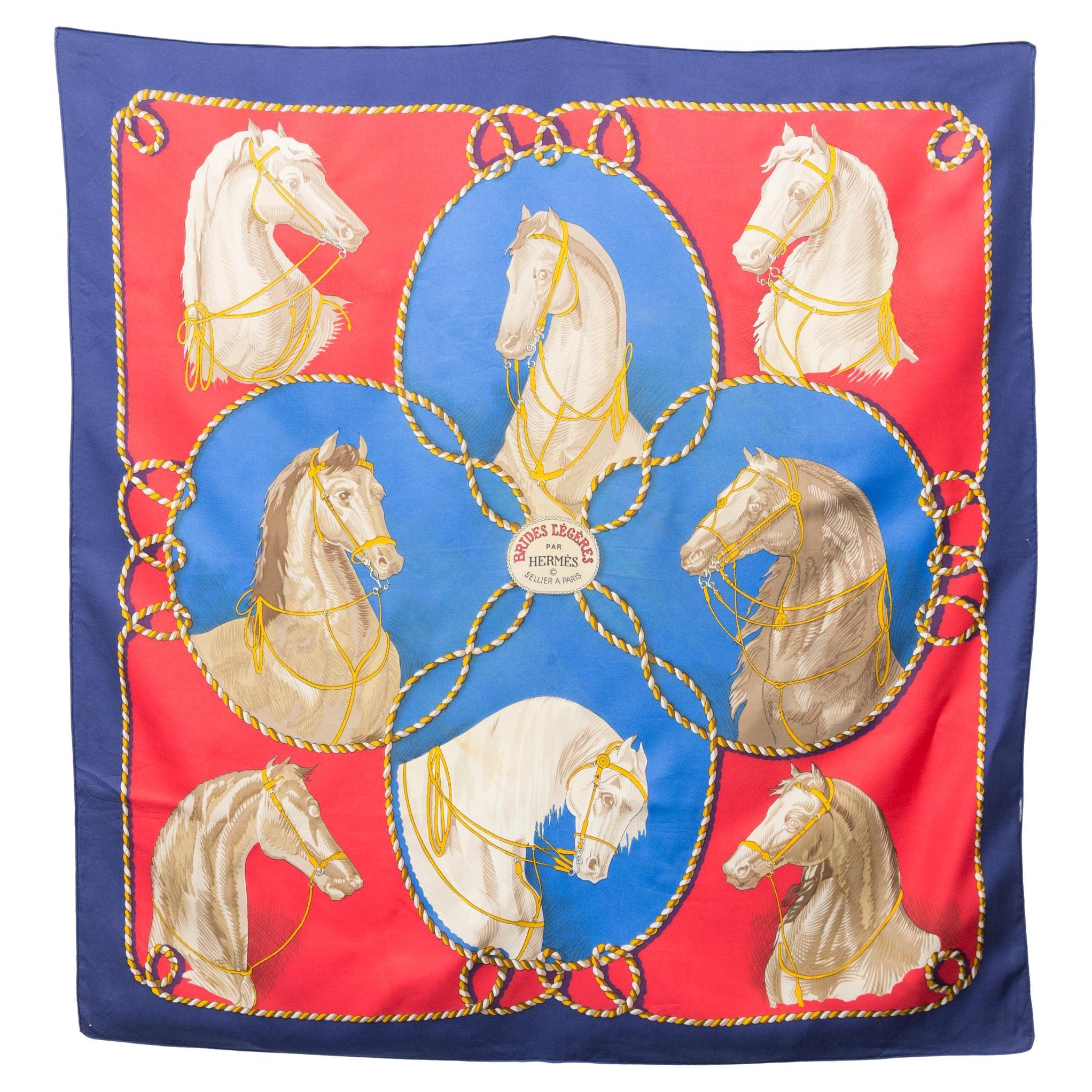 Hermes Blue and Red Brides Legeres by F Heron Silk Scarf