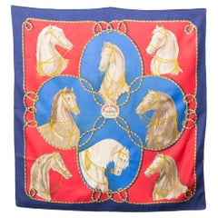 Foulard en soie Hermes Brides Legeres bleu et rouge par F Heron