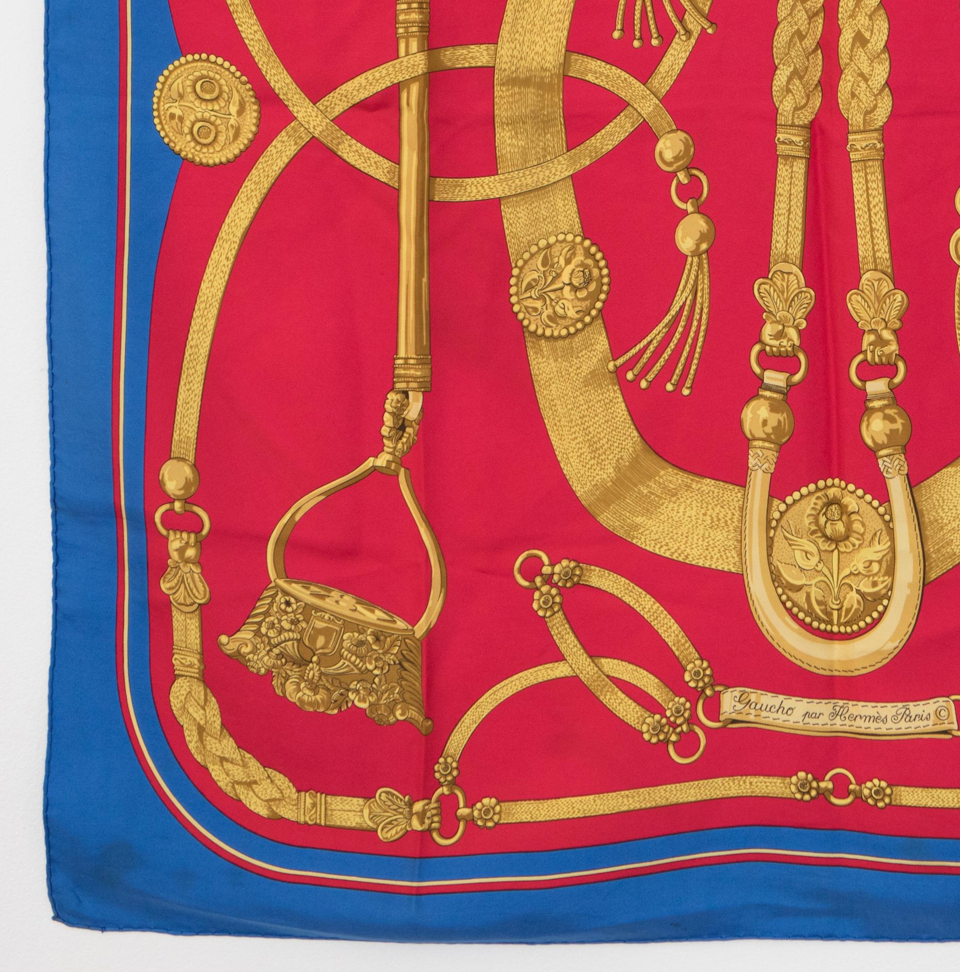 Hermes Blue and Red Silk Scarf Gaucho In Excellent Condition In Paris, FR