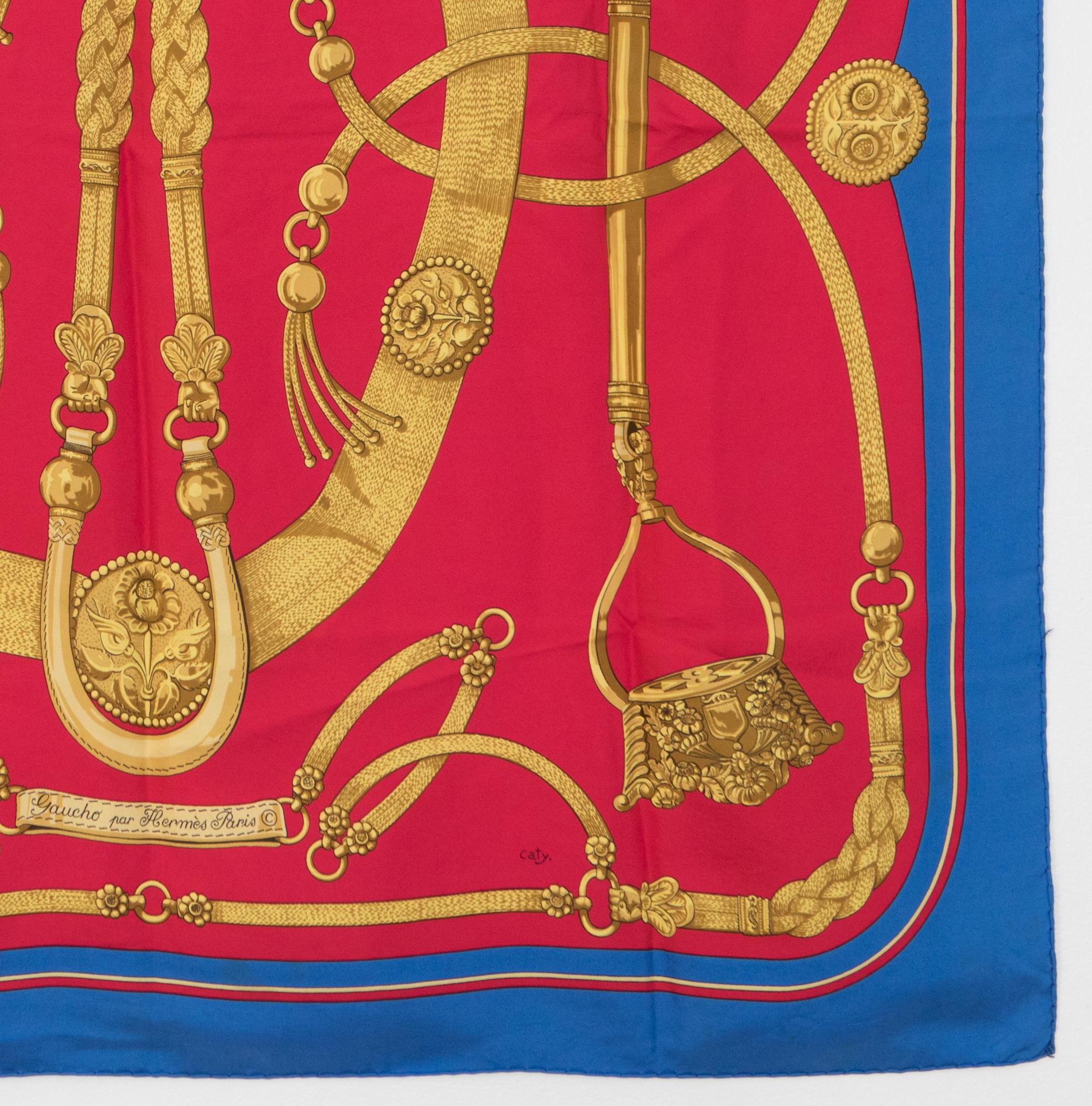 Women's or Men's Hermes Blue and Red Silk Scarf Gaucho