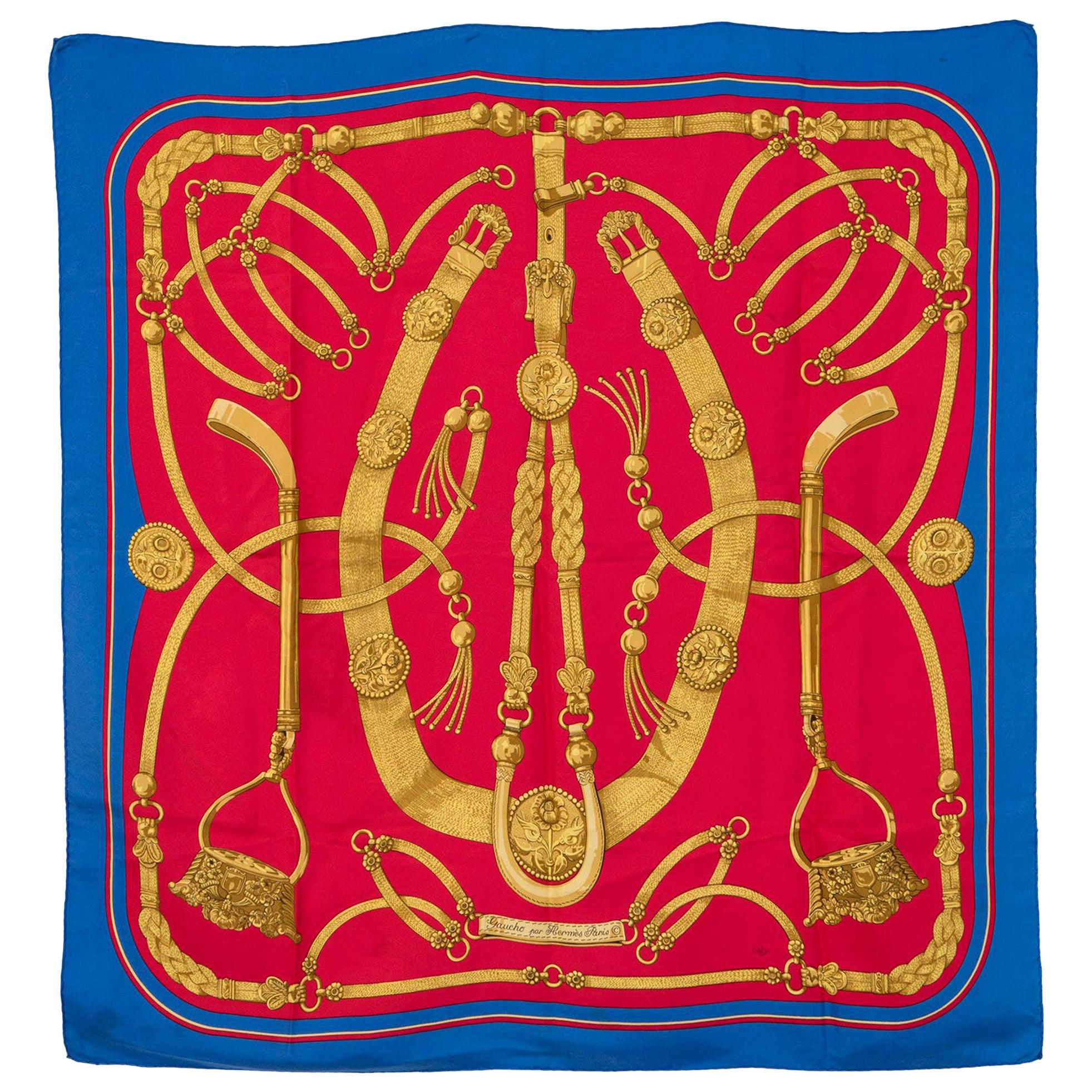 Hermes Blue and Red Silk Scarf Gaucho