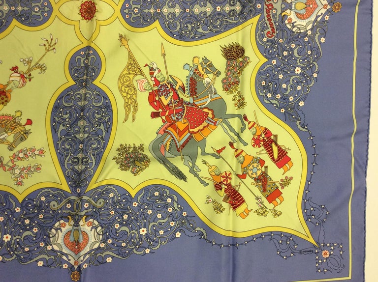 Hermes Blue and Yellow Silk 'Poesie Persane' Scarf For Sale at 1stDibs