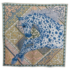 Hermes blue APPALOOSA DES STEPPES 90 Scarf silk Blanc Blue Rose Poudre