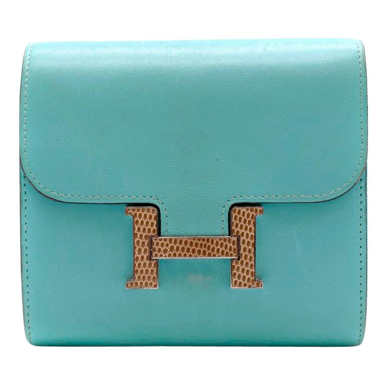 Hermes Blue Atoll Swift Leather & Lizard Constance Compact Wallet