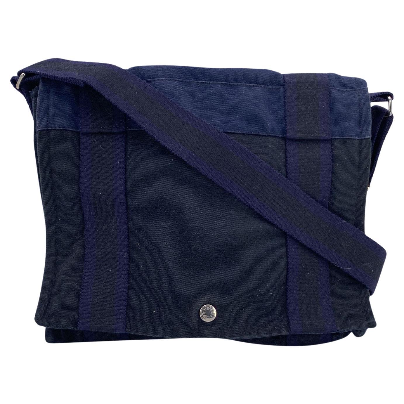 Hermes Blue Black Cotton Canvas Fourre Tout Besace Messenger Bag For Sale