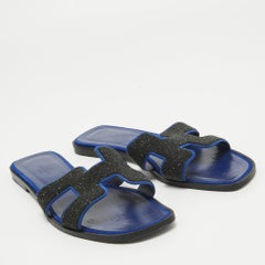 Hermes Blau/Schwarz Glitter und Wildleder Oran Flat Slides Größe 39