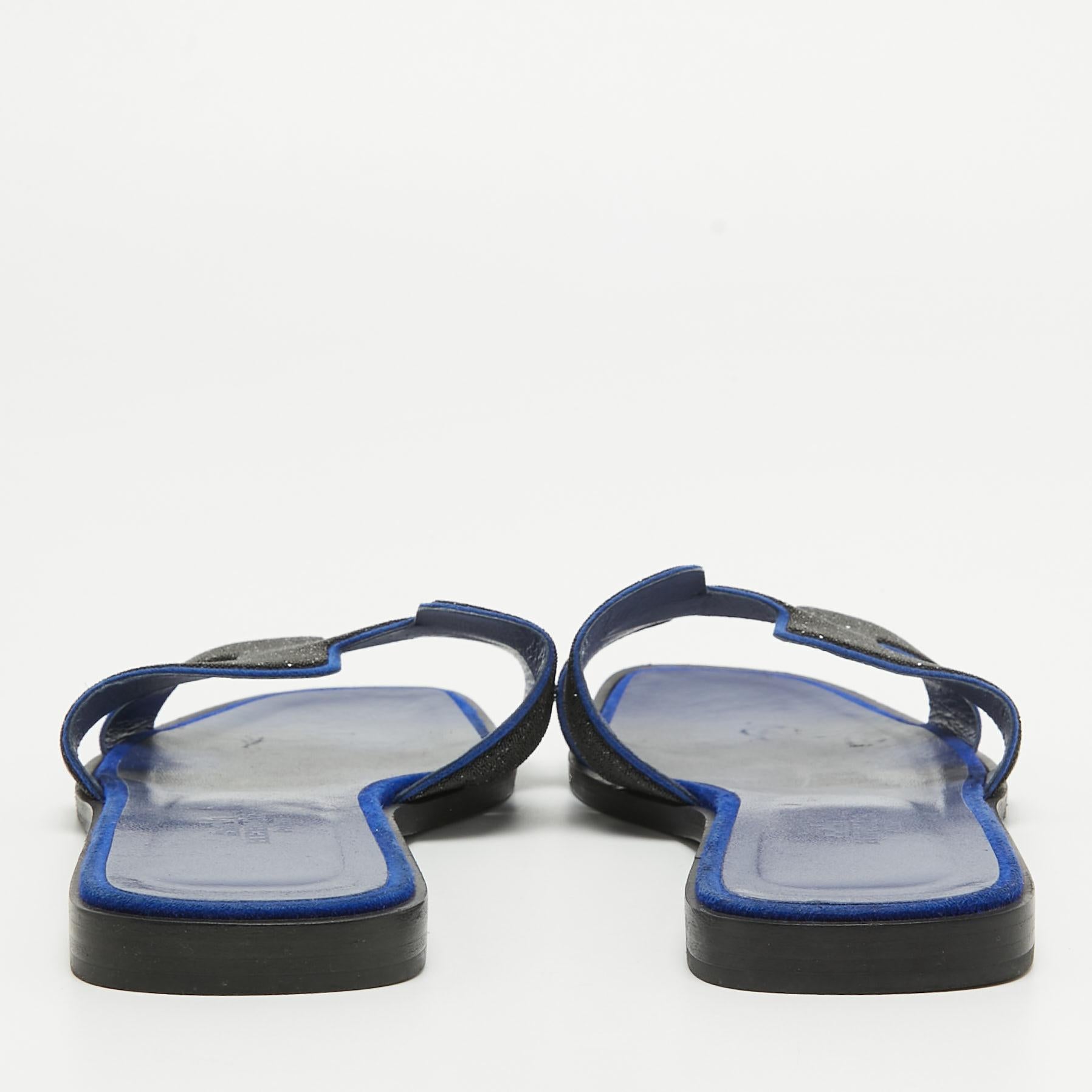 Women's Hermes Blue/Black Glitter and Suede Oran Flat Slides Size 39