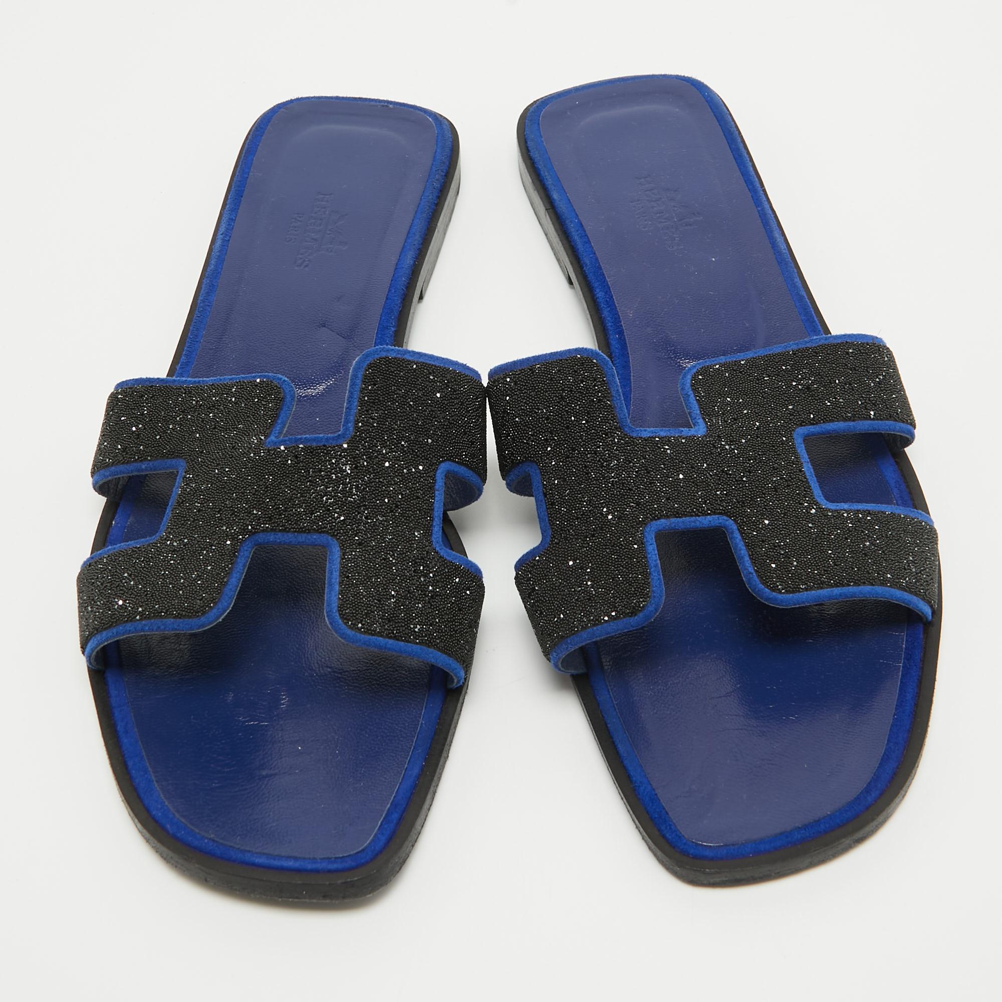 Hermes Blue/Black Glitter and Suede Oran Flat Slides Size 39 1