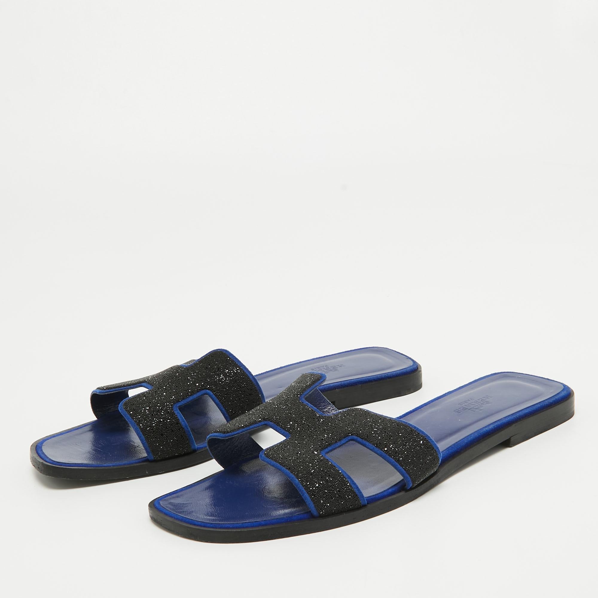 Hermes Blue/Black Glitter and Suede Oran Flat Slides Size 39 2