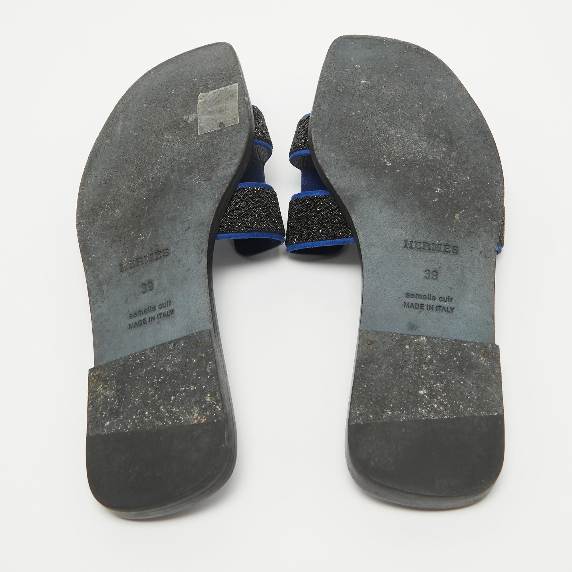 Hermes Blue/Black Glitter and Suede Oran Flat Slides Size 39 4