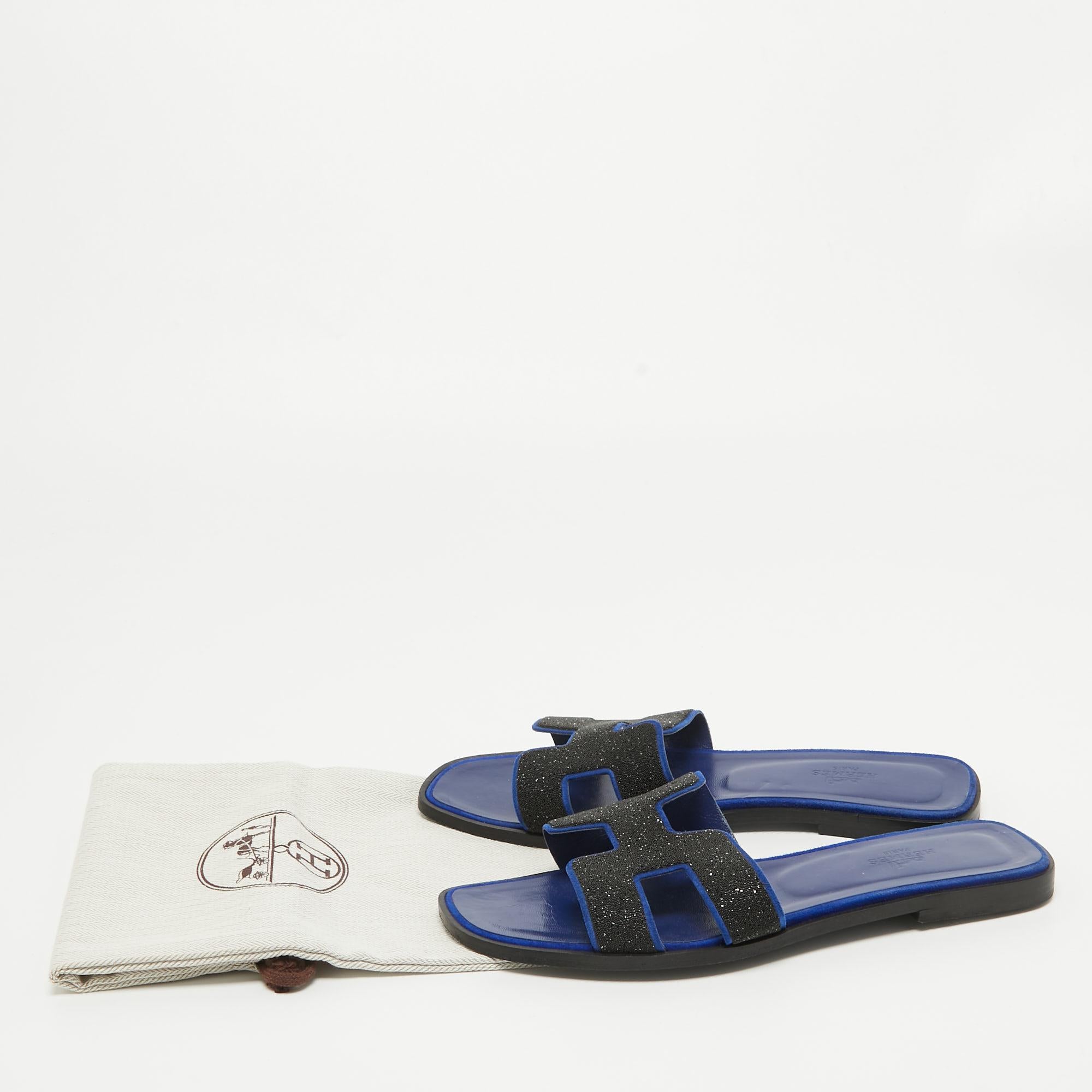 Hermes Blue/Black Glitter and Suede Oran Flat Slides Size 39 5