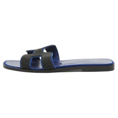 Hermes Blue/Black Glitter and Suede Oran Flat Slides Size 39
