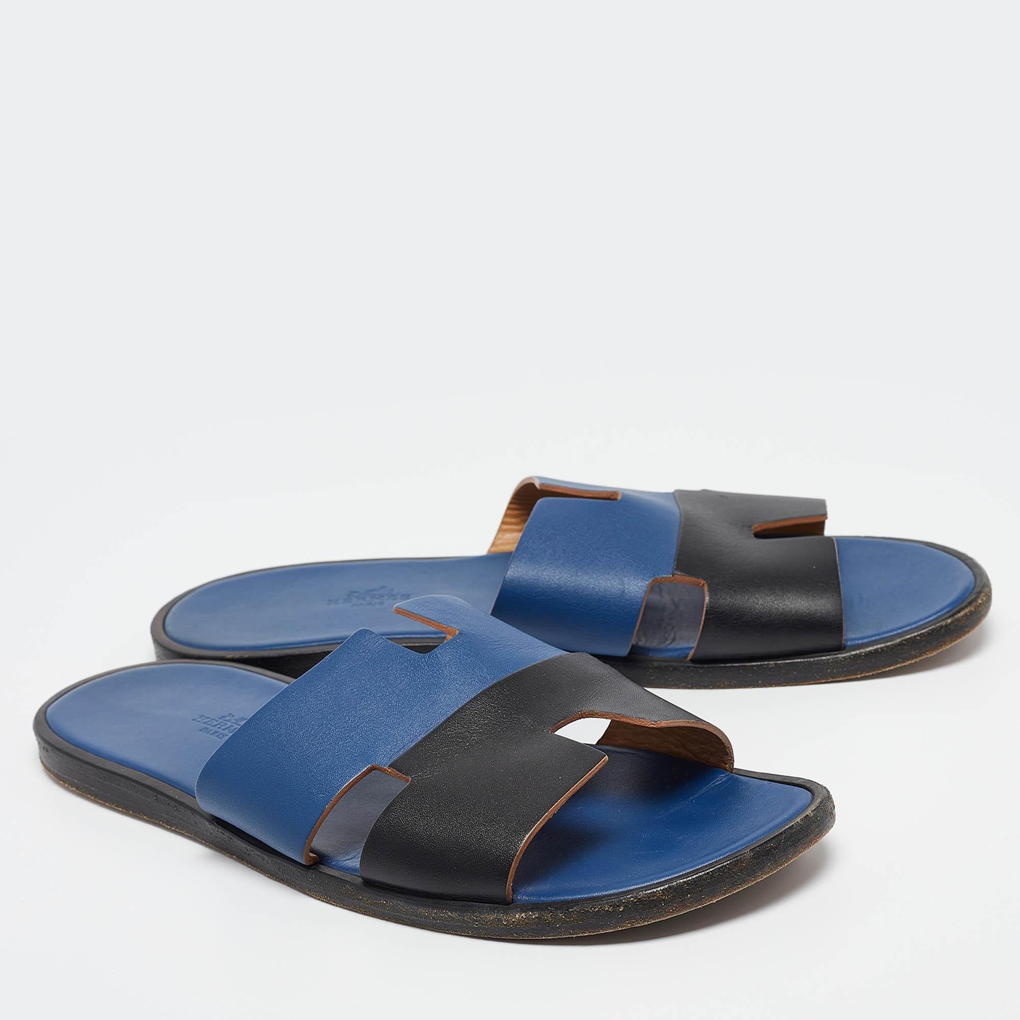 Men's Hermes Blue/Black Leather Izmir Sandals Size 43.5