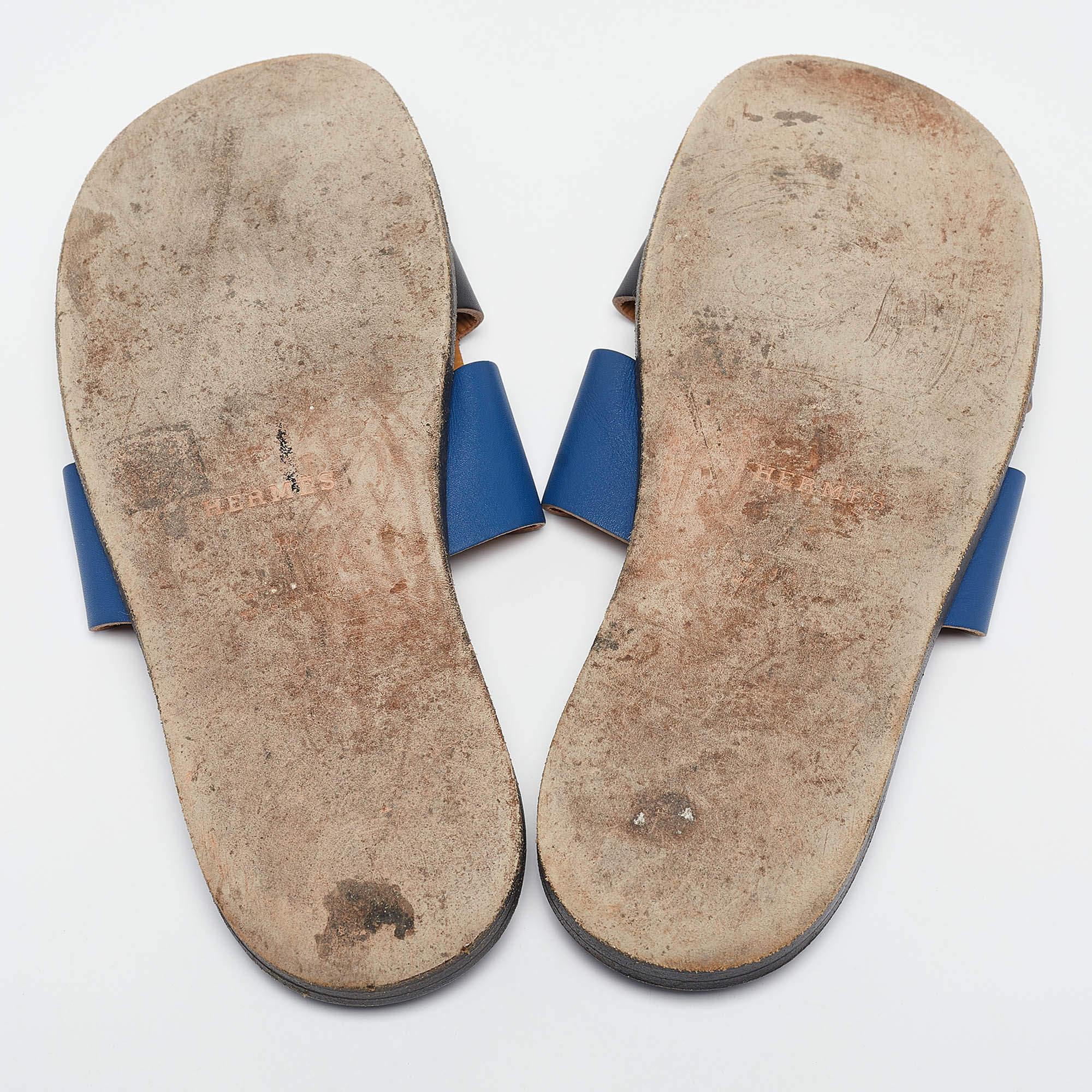Hermes Blue/Black Leather Izmir Sandals Size 43.5 2