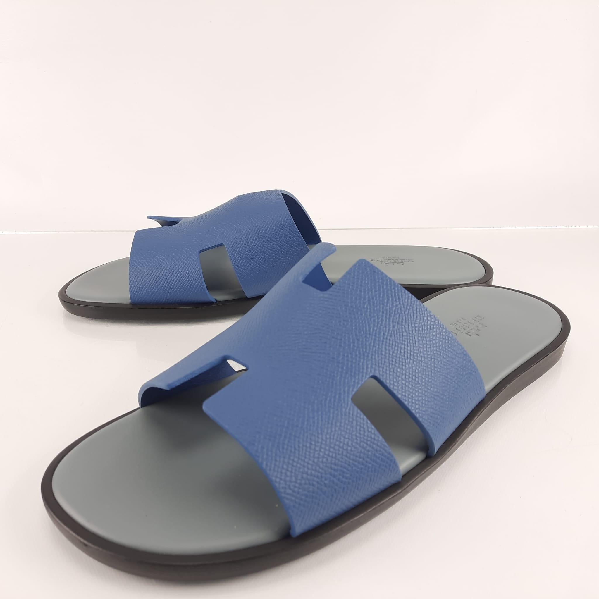 Men's Hermes Izmir sandals Blue Blevet & Osmium Grey calfskin Size 42 BNIB