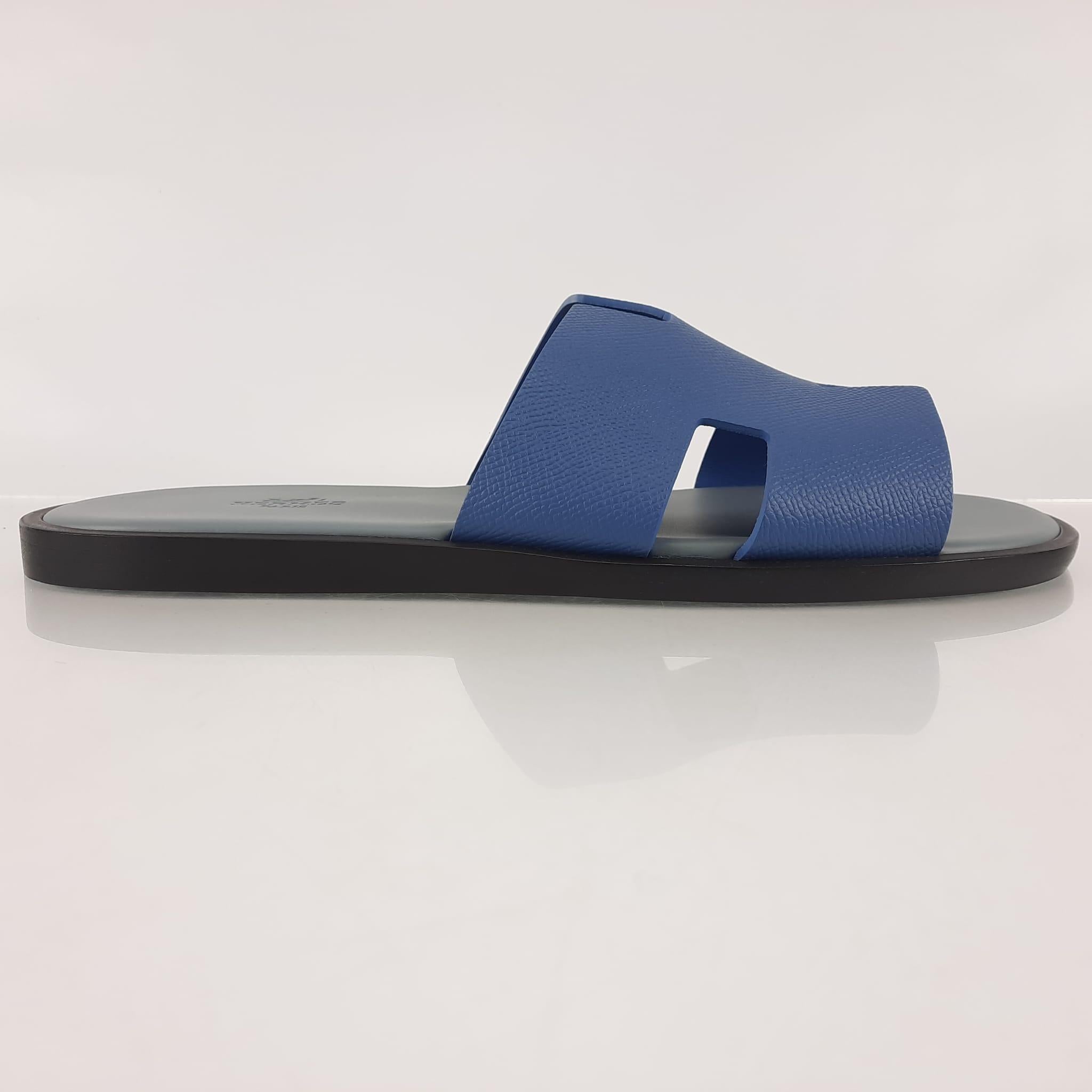 Hermes Izmir sandals Blue Blevet & Osmium Grey calfskin Size 42 BNIB 1