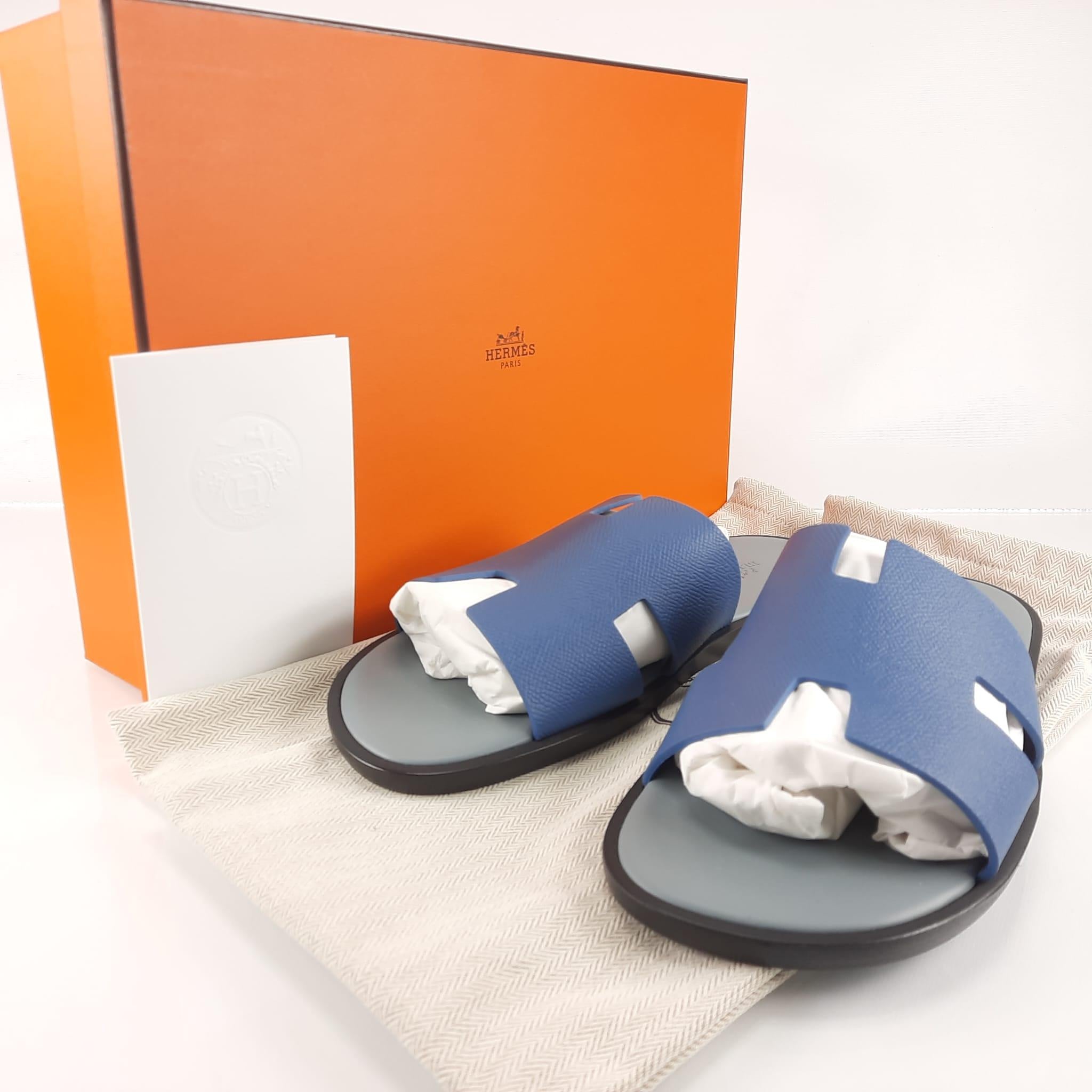 Hermes Izmir sandals Blue Blevet & Osmium Grey calfskin Size 42 BNIB For Sale 3