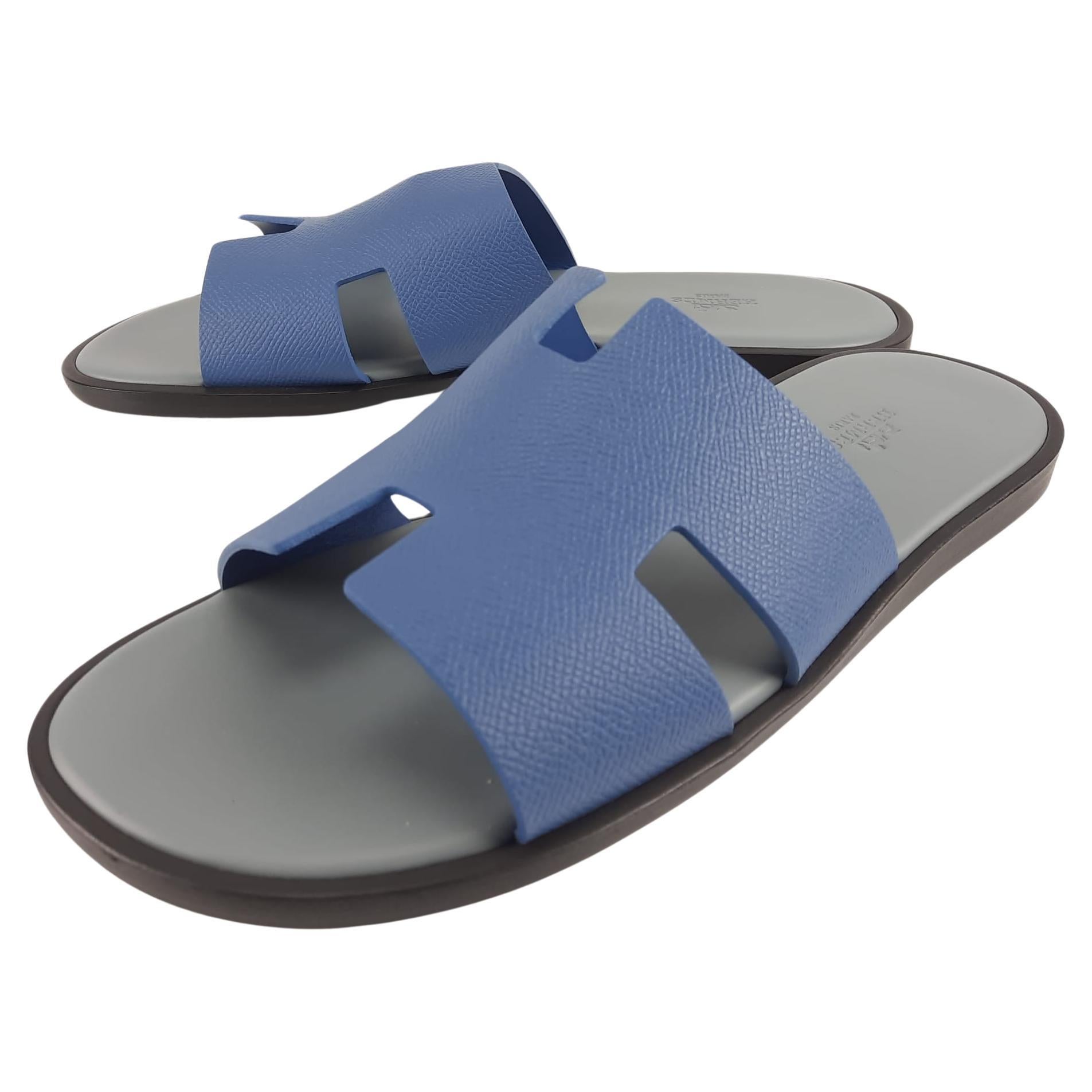 Hermes Izmir sandals Blue Blevet & Osmium Grey calfskin Size 42 BNIB