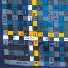 Hermes blue BOLDUC AU CARRE 90 Scarf silk MARINE JAUNE OCRE