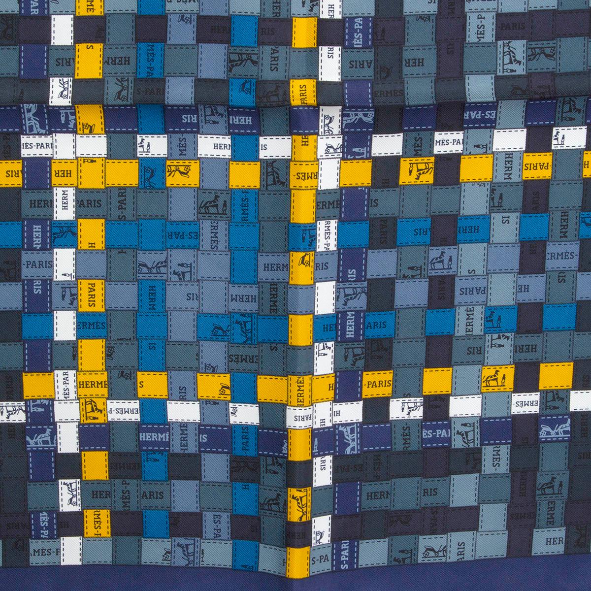 Blue Hermes blue BOLDUC AU CARRE 90 Scarf silk MARINE JAUNE OCRE