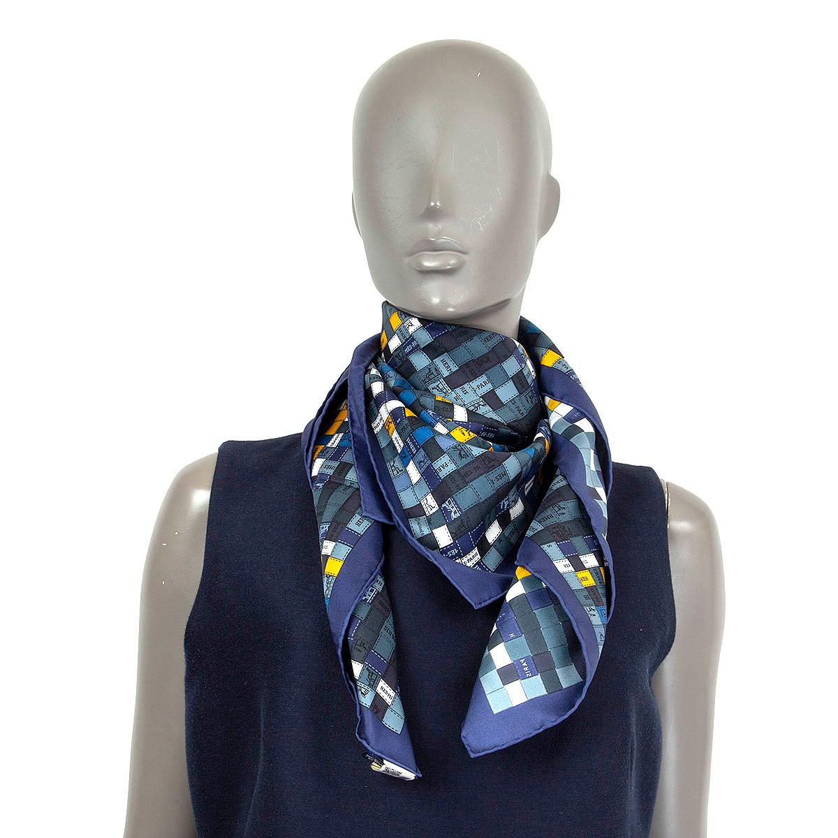 Hermes blue BOLDUC AU CARRE 90 Scarf silk MARINE JAUNE OCRE 1