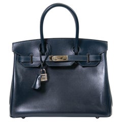 Hermes Blue Box Leather Birkin 30 Palladium Hardware
