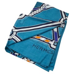 Hermes Blue Bridle Cotton Large Shawl