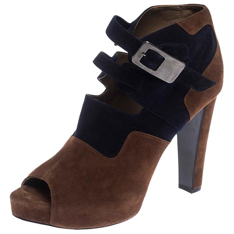 Hermes Blue/Brown Suede Double Ankle Strap Open Toe Booties Size 40 at ...