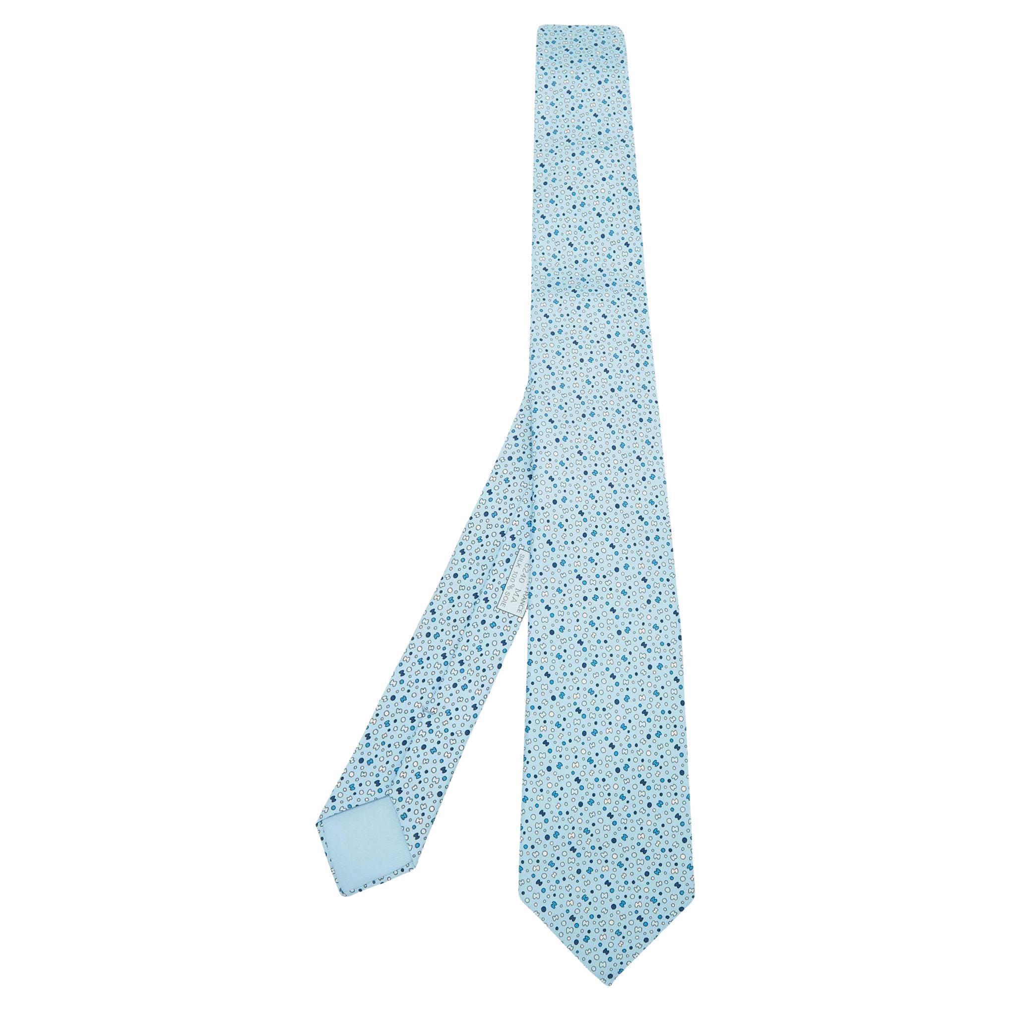 Hermes Blue Bubble H Printed Silk Slim Tie