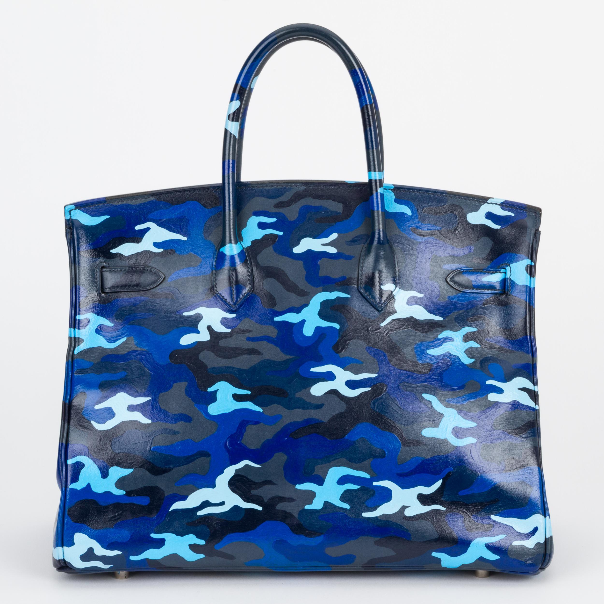 Hermes Blue Camo Birkin 35 One Of A Kind In Good Condition In West Hollywood, CA