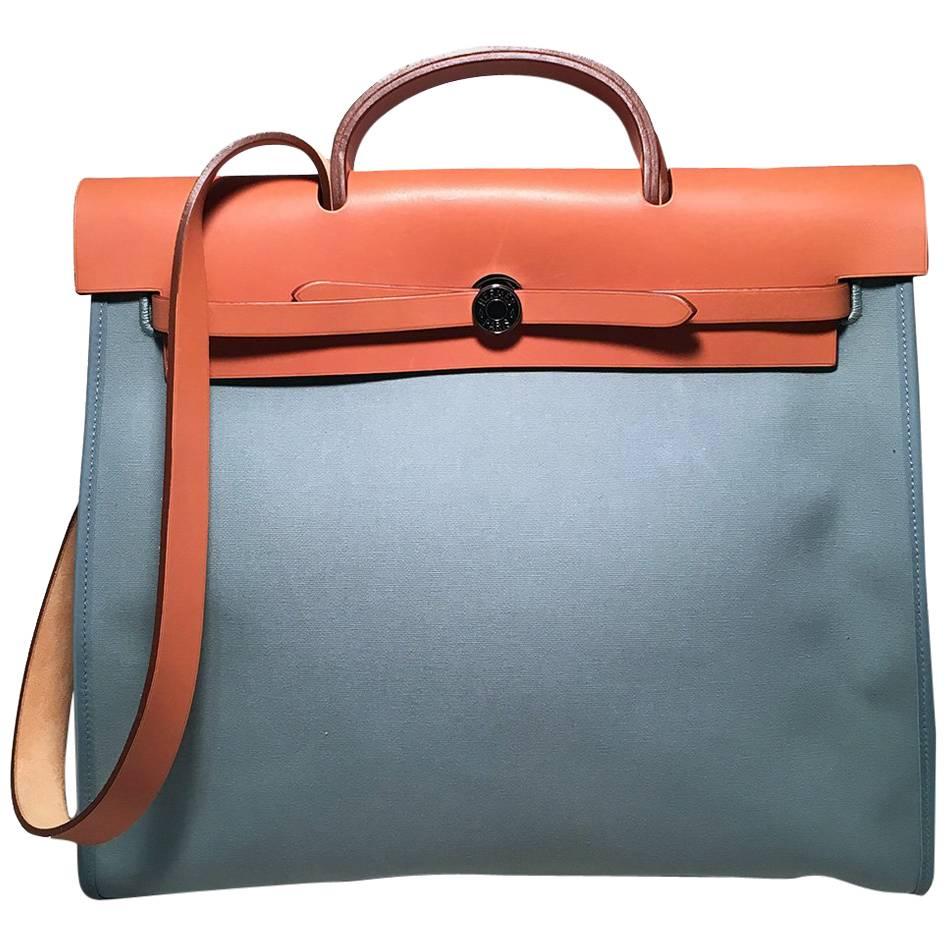 Tote Hermes in tela blu Toile Herbag