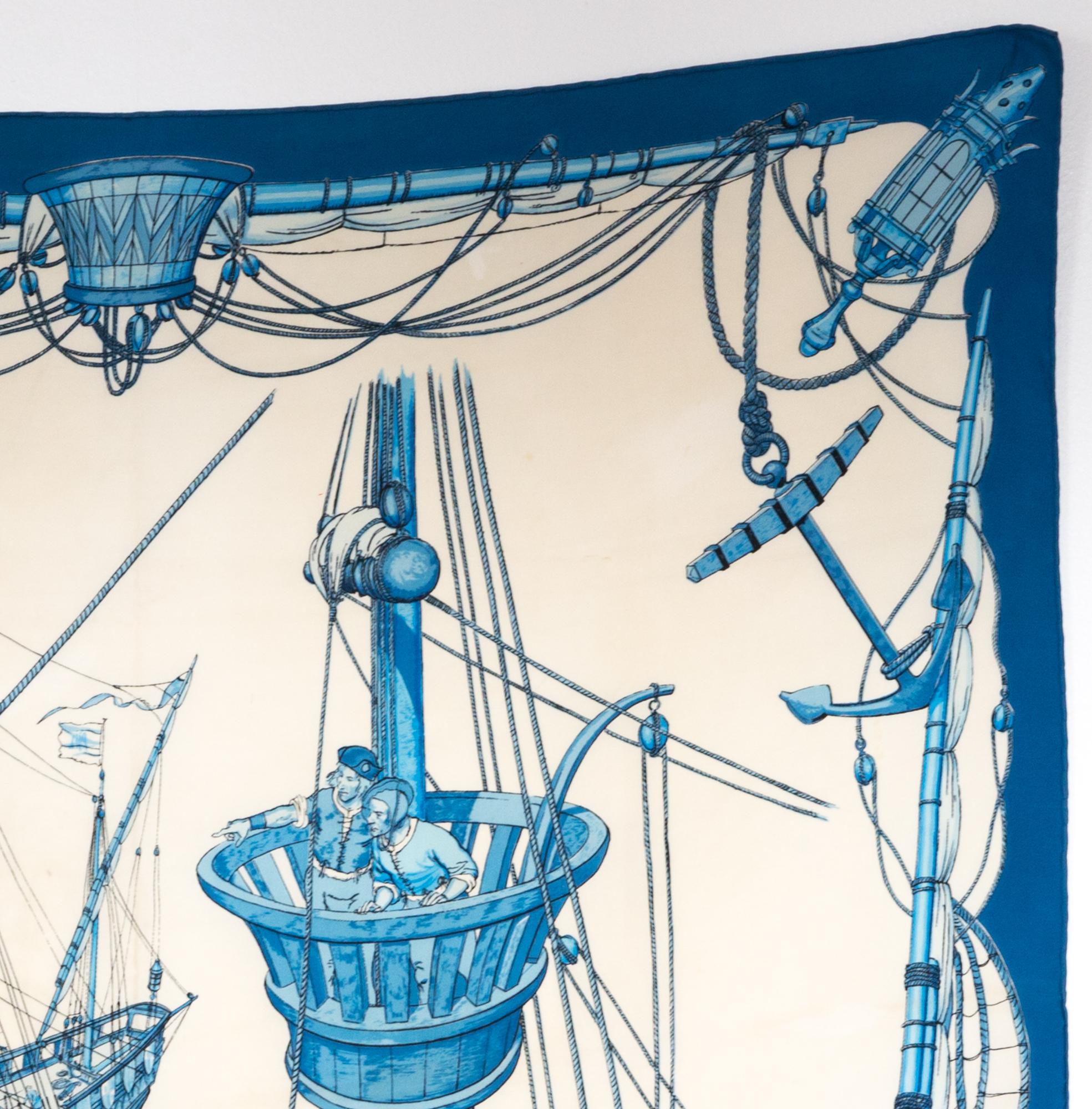 Pañuelo de seda azul Hermes Caravelle by Ledoux en Bueno Estado en Paris, FR