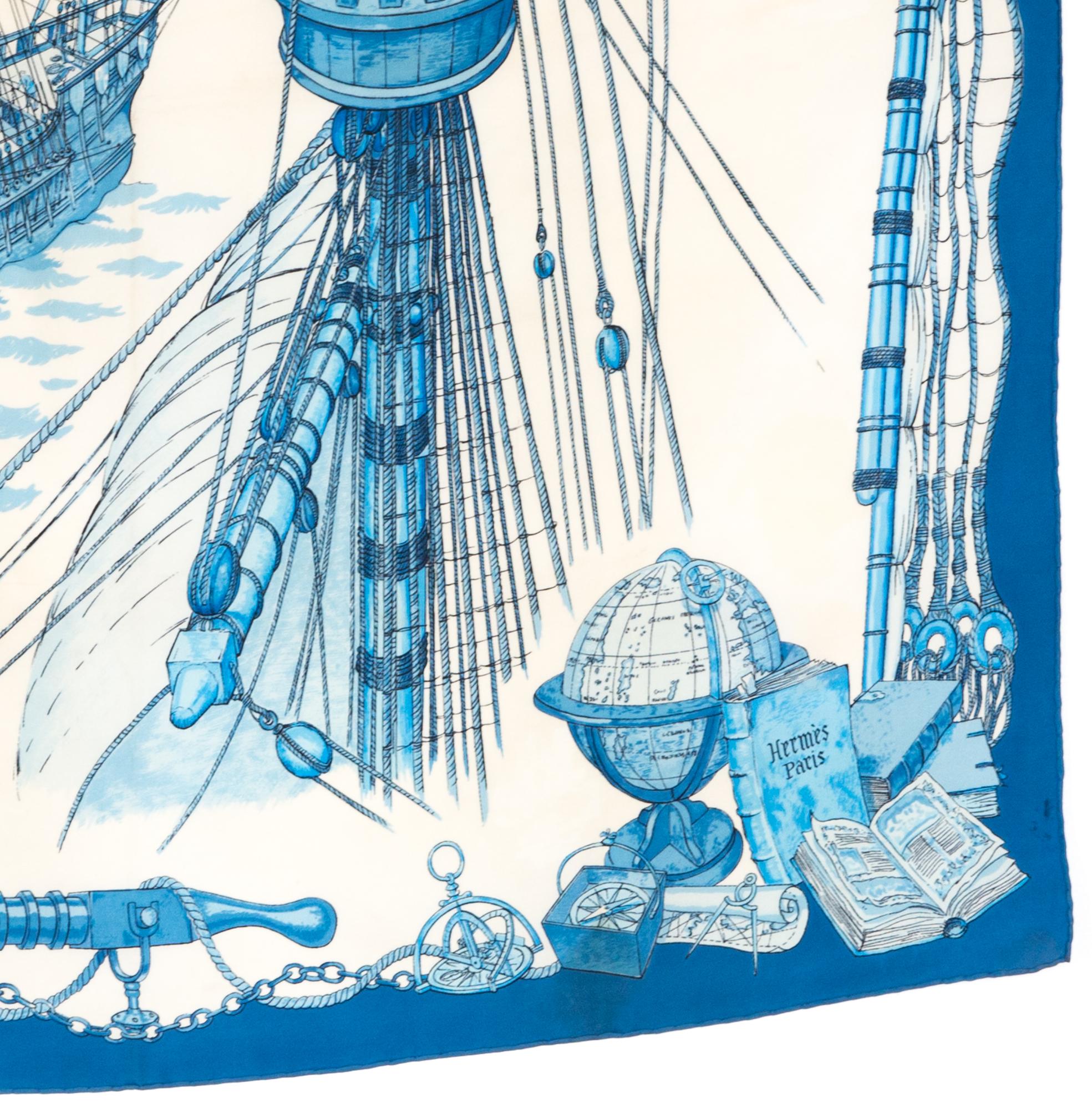 Pañuelo de seda azul Hermes Caravelle by Ledoux 1