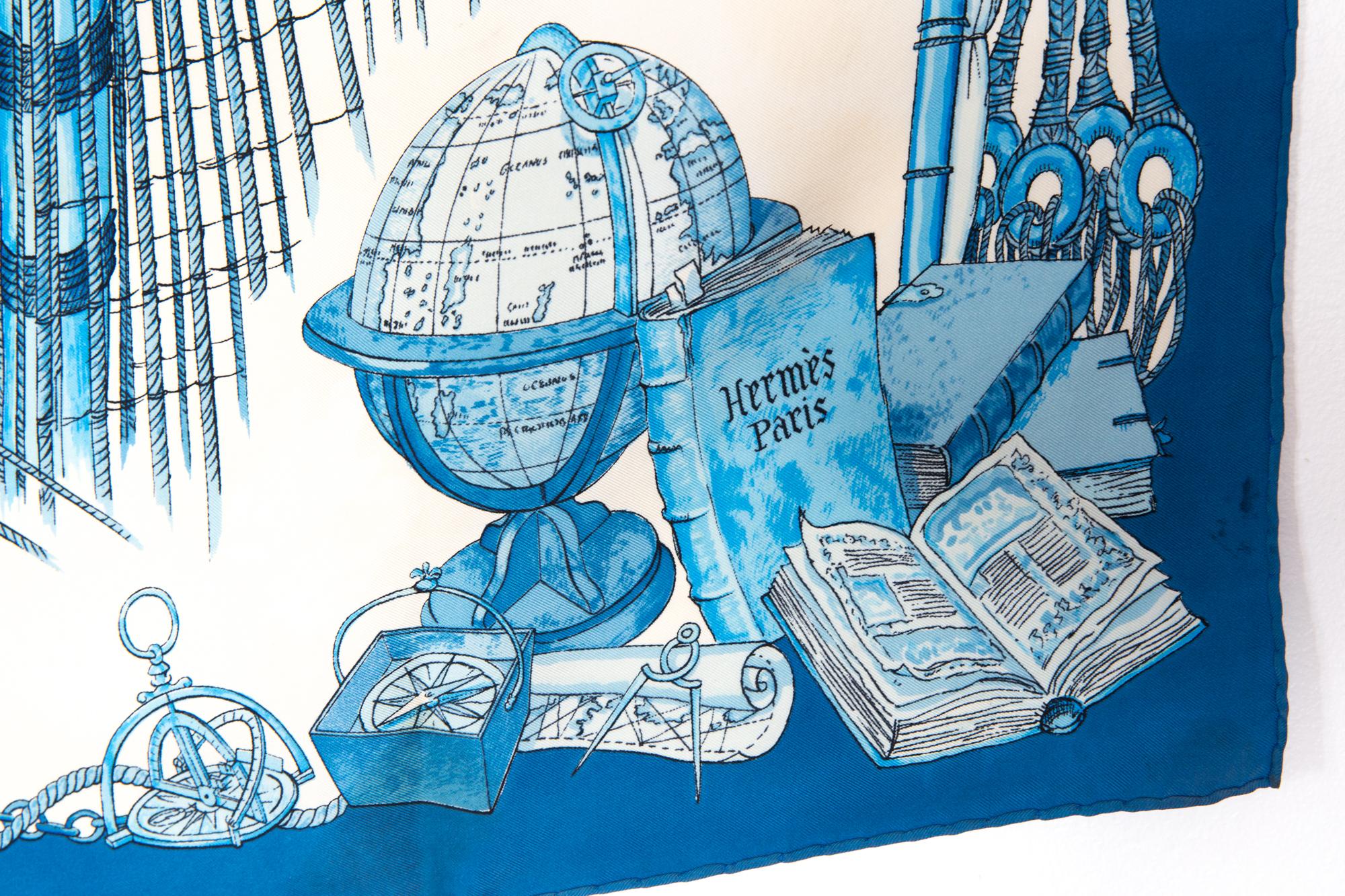 Pañuelo de seda azul Hermes Caravelle by Ledoux 2
